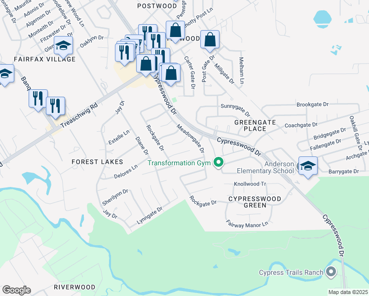map of restaurants, bars, coffee shops, grocery stores, and more near 5515 Cypressgate Drive in Spring