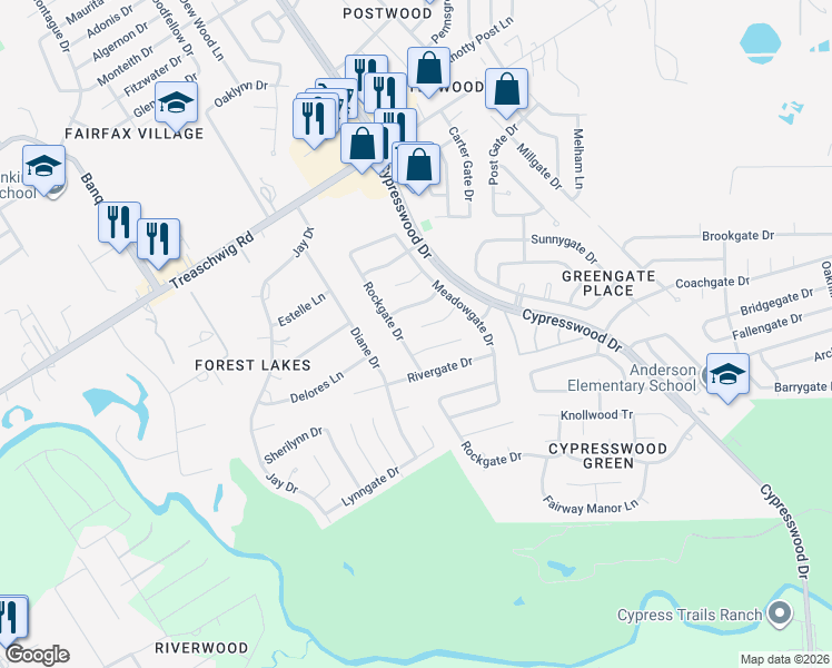 map of restaurants, bars, coffee shops, grocery stores, and more near 5515 Cypressgate Drive in Spring