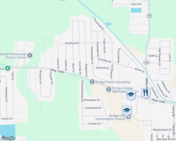 map of restaurants, bars, coffee shops, grocery stores, and more near 160 Ridgewood in Bridge City