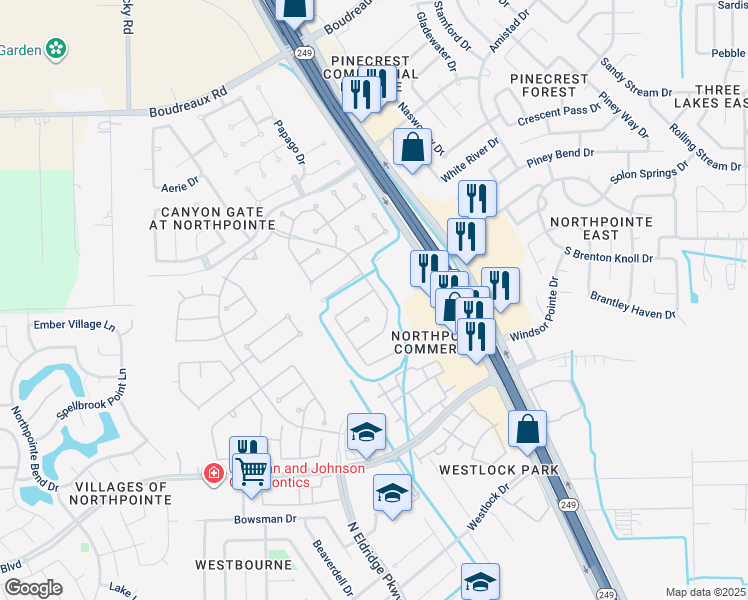 map of restaurants, bars, coffee shops, grocery stores, and more near 19039 North Canyon Drive in Tomball