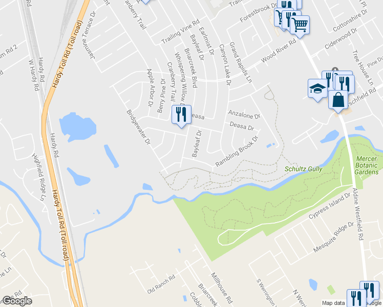 map of restaurants, bars, coffee shops, grocery stores, and more near 22707 Bayleaf Drive in Spring