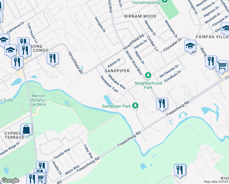 map of restaurants, bars, coffee shops, grocery stores, and more near 23127 Sandpiper Trail in Spring