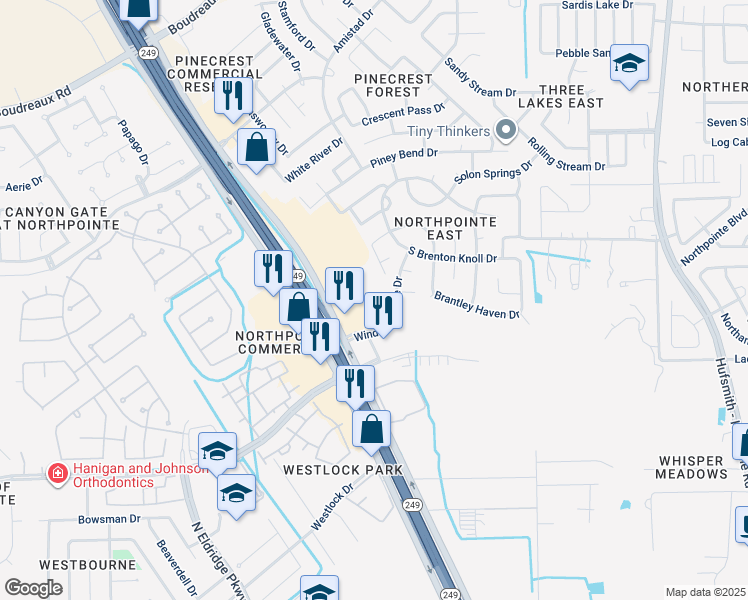 map of restaurants, bars, coffee shops, grocery stores, and more near 12227 Windsor Bay Court in Tomball