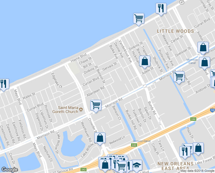 map of restaurants, bars, coffee shops, grocery stores, and more near 7455 Benson Street in New Orleans