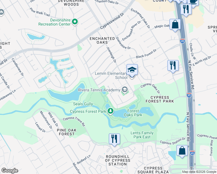 map of restaurants, bars, coffee shops, grocery stores, and more near 19119 Lost Mine Trail in Spring