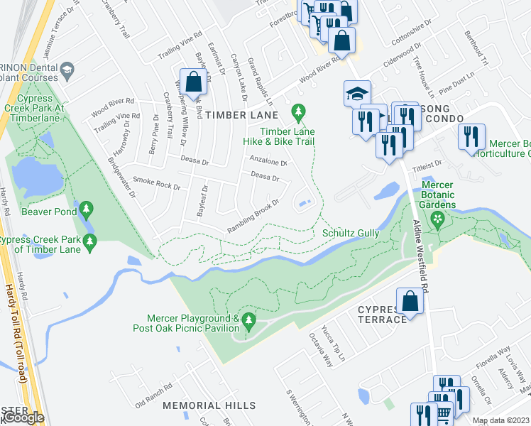 map of restaurants, bars, coffee shops, grocery stores, and more near 2506 Rambling Brook Drive in Spring