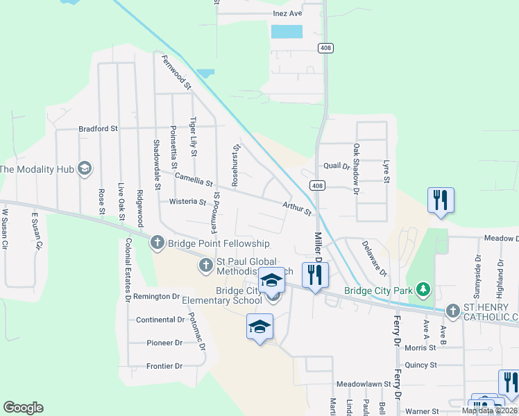 map of restaurants, bars, coffee shops, grocery stores, and more near 1199 Alton Street in Bridge City