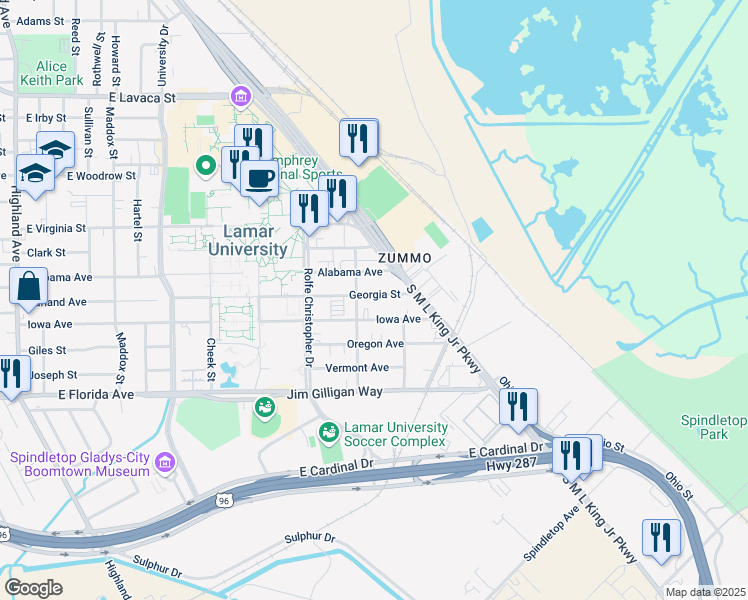 map of restaurants, bars, coffee shops, grocery stores, and more near 1165 Iowa Avenue in Beaumont