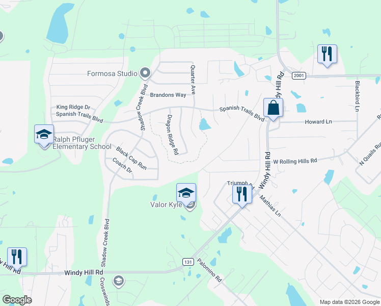 map of restaurants, bars, coffee shops, grocery stores, and more near 408 Dragon Ridge Road in Buda