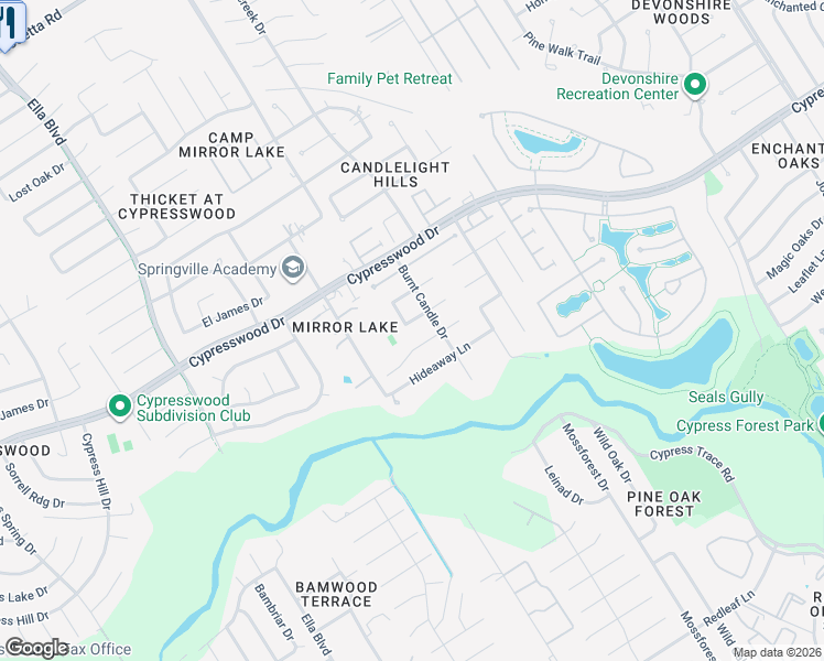 map of restaurants, bars, coffee shops, grocery stores, and more near 3410 Flickering Candle Drive in Spring