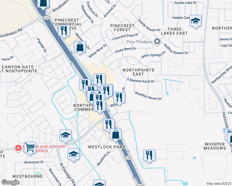 map of restaurants, bars, coffee shops, grocery stores, and more near 12227 Windsor Bay Court in Tomball