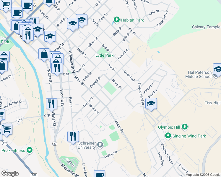 map of restaurants, bars, coffee shops, grocery stores, and more near 421 Travis Street in Kerrville