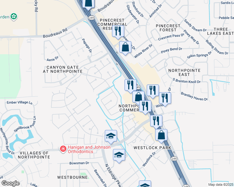 map of restaurants, bars, coffee shops, grocery stores, and more near 19039 North Canyon Drive in Tomball