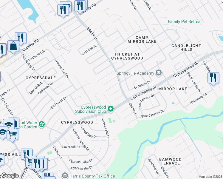 map of restaurants, bars, coffee shops, grocery stores, and more near 3626 Shipman Lane in Spring