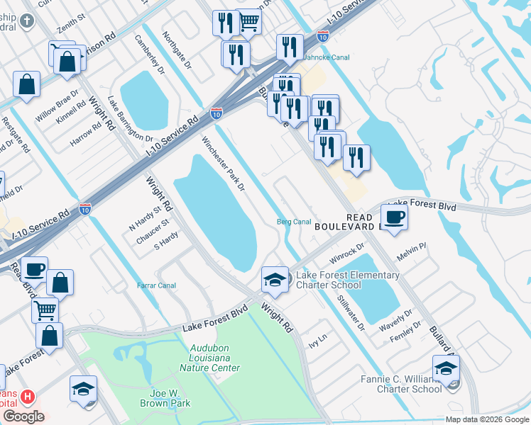 map of restaurants, bars, coffee shops, grocery stores, and more near 5830 Winchester Park Drive in New Orleans