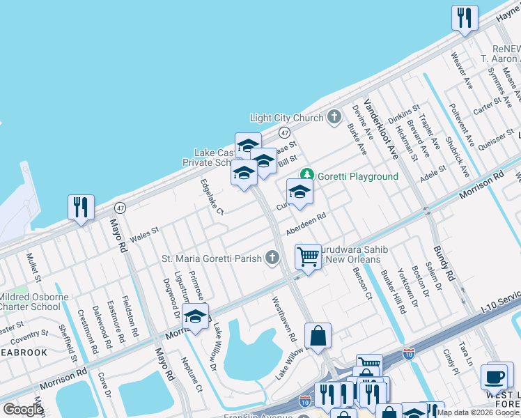 map of restaurants, bars, coffee shops, grocery stores, and more near 8375 Curran Boulevard in New Orleans
