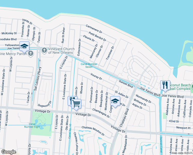 map of restaurants, bars, coffee shops, grocery stores, and more near 724 Saint Julien Drive in Kenner