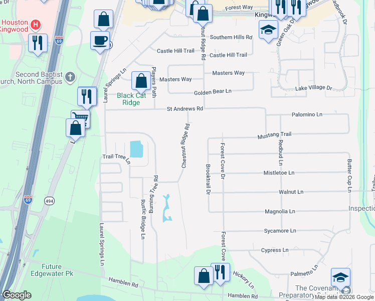 map of restaurants, bars, coffee shops, grocery stores, and more near 1602 Chestnut Ridge Road in Humble