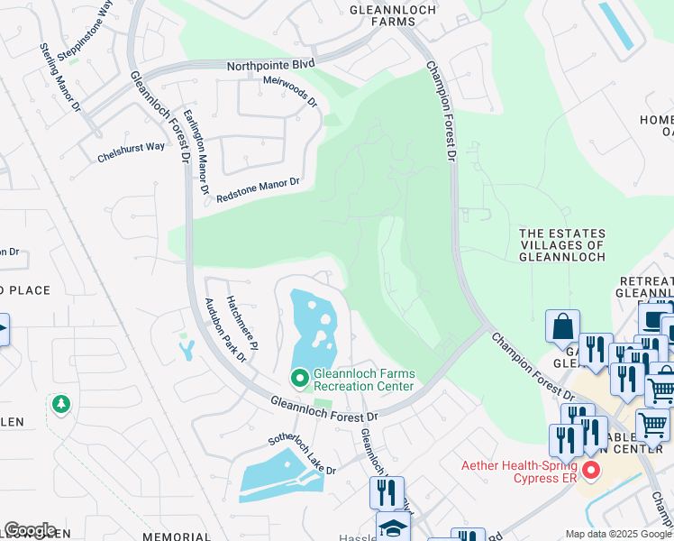 map of restaurants, bars, coffee shops, grocery stores, and more near 66 Manor Lake Estates Circle in Spring