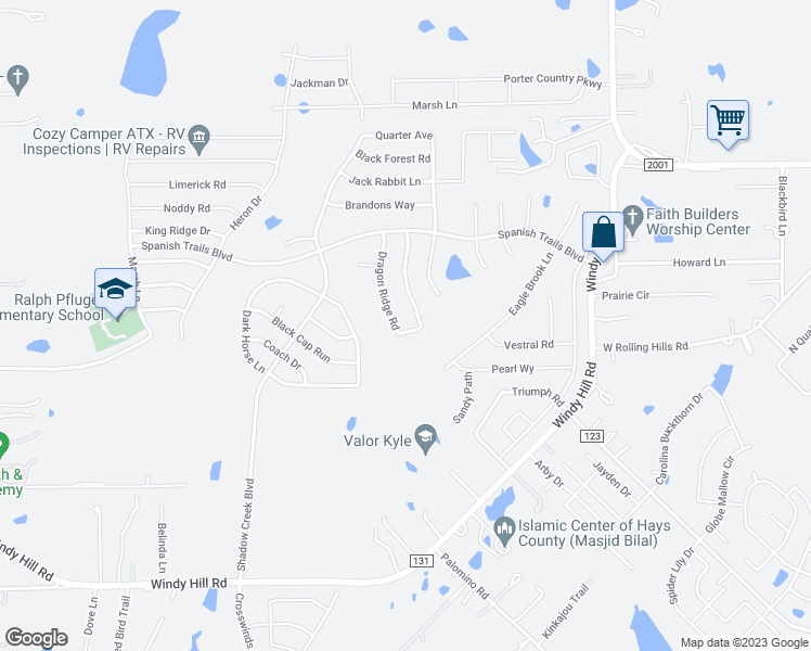 map of restaurants, bars, coffee shops, grocery stores, and more near 377 Dragon Ridge Road in Buda