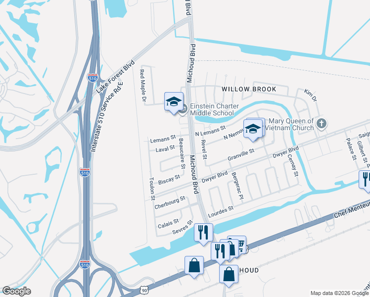 map of restaurants, bars, coffee shops, grocery stores, and more near 5201 Beaucaire Street in New Orleans
