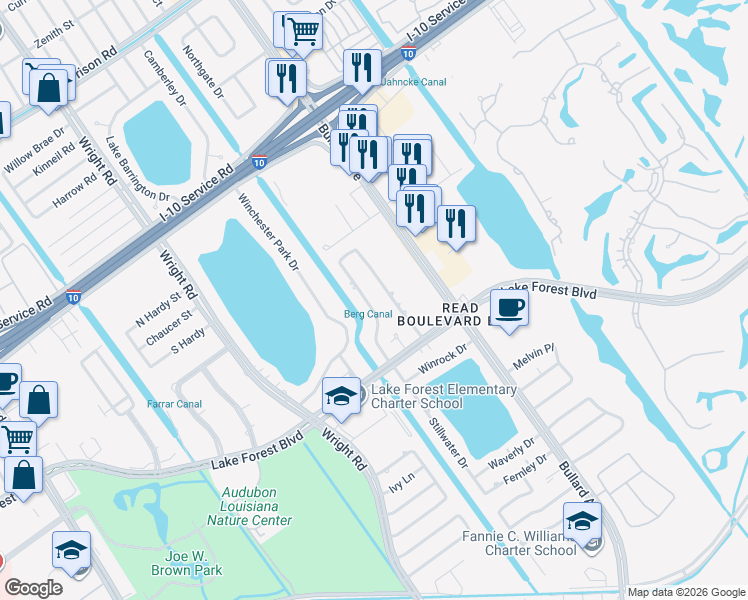 map of restaurants, bars, coffee shops, grocery stores, and more near 5748 Louis Prima Drive East in New Orleans