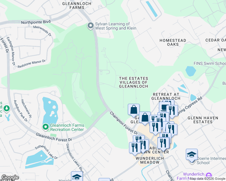 map of restaurants, bars, coffee shops, grocery stores, and more near 35 Gleannloch Estates Drive in Spring