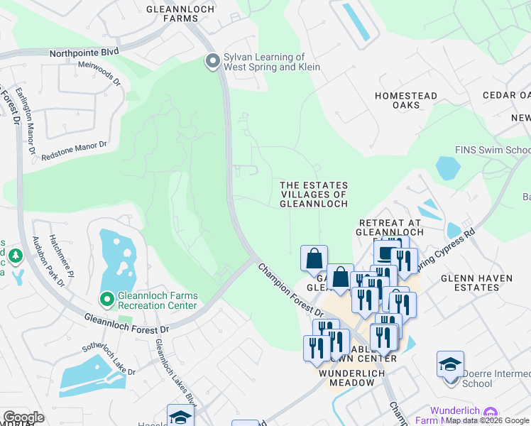 map of restaurants, bars, coffee shops, grocery stores, and more near 35 Gleannloch Estates Drive in Spring