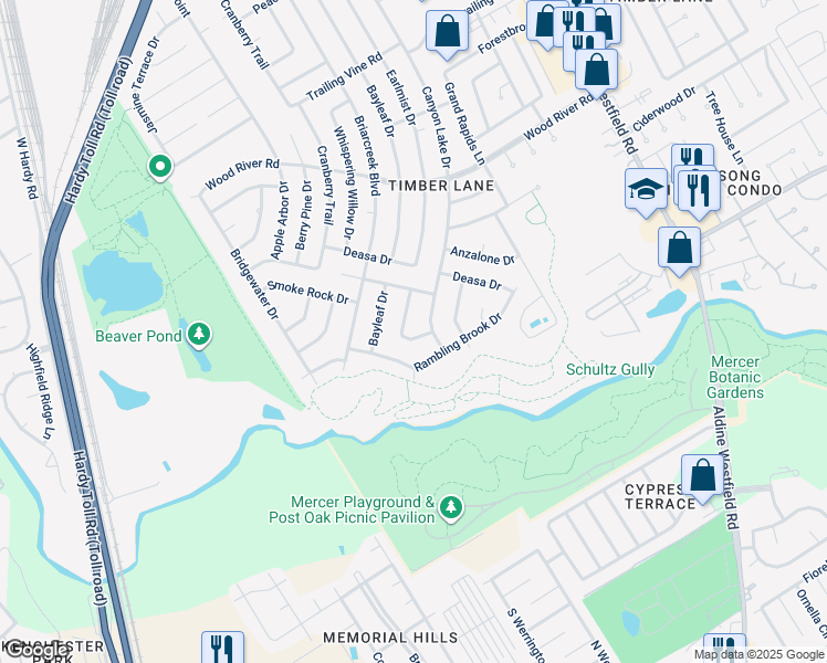 map of restaurants, bars, coffee shops, grocery stores, and more near 22723 Earlmist Drive in Spring