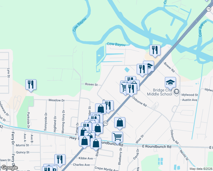 map of restaurants, bars, coffee shops, grocery stores, and more near 2270 Granger Drive in Bridge City