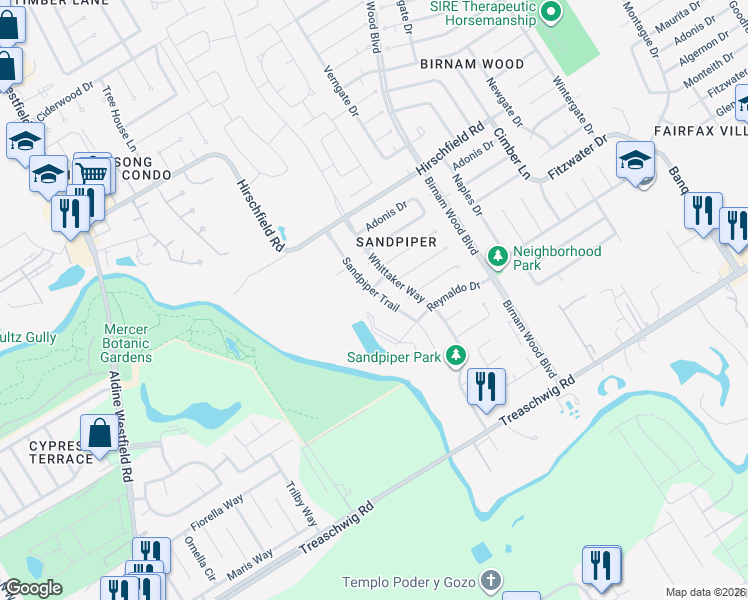 map of restaurants, bars, coffee shops, grocery stores, and more near 23127 Sandpiper Trail in Spring