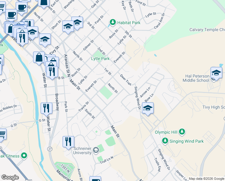map of restaurants, bars, coffee shops, grocery stores, and more near 421 Travis Street in Kerrville
