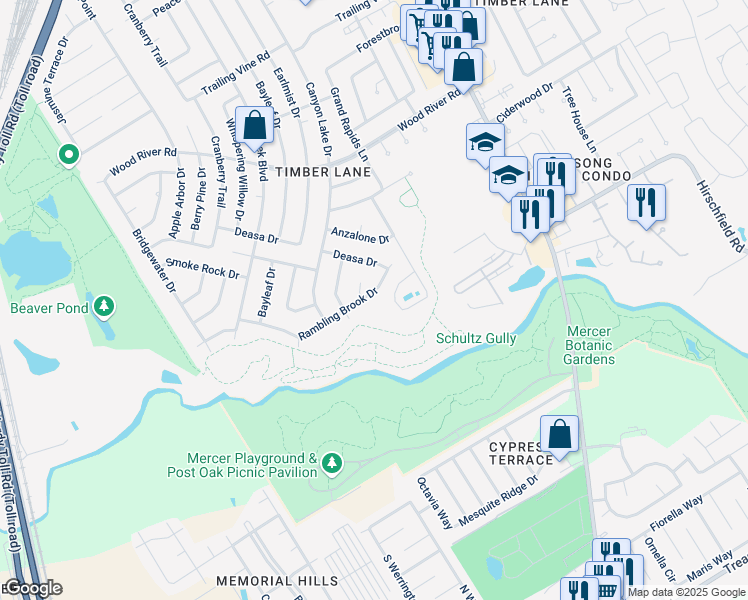map of restaurants, bars, coffee shops, grocery stores, and more near 2506 Rambling Brook Drive in Spring
