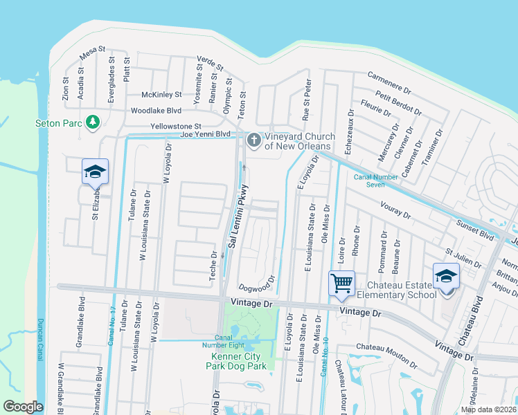 map of restaurants, bars, coffee shops, grocery stores, and more near 174 Dogwood Drive in Kenner