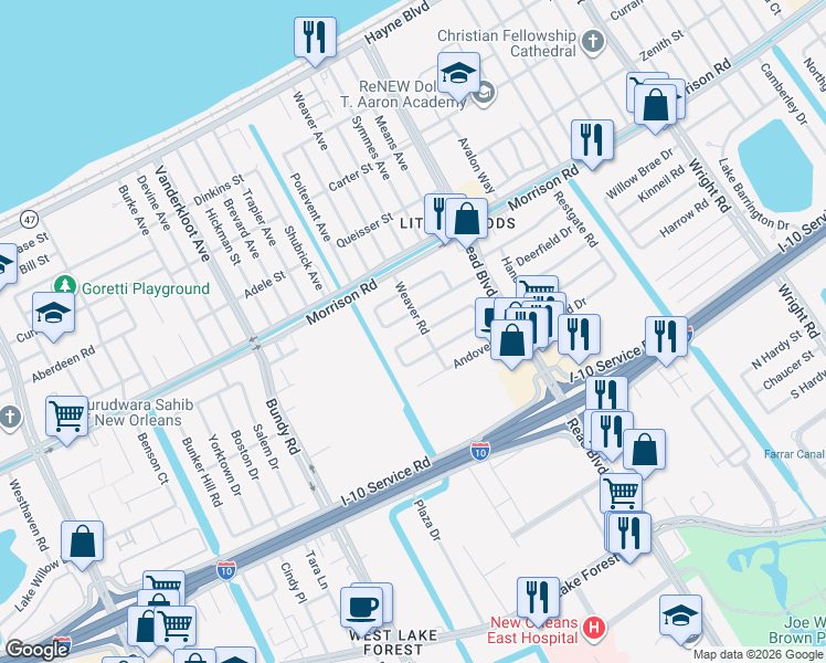 map of restaurants, bars, coffee shops, grocery stores, and more near 9719 West Wheaton Circle in New Orleans