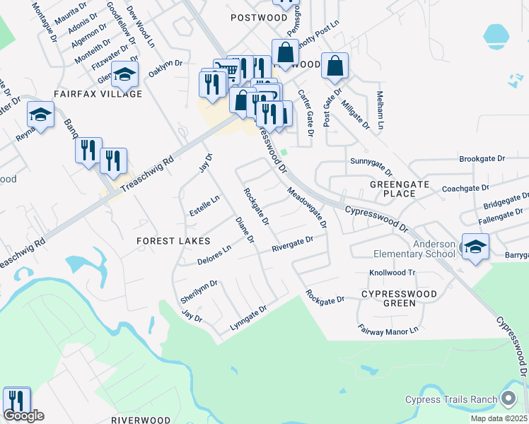 map of restaurants, bars, coffee shops, grocery stores, and more near 22419 Rockgate Drive in Spring