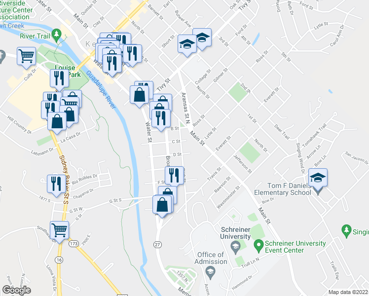 map of restaurants, bars, coffee shops, grocery stores, and more near 1312 Park Street in Kerrville