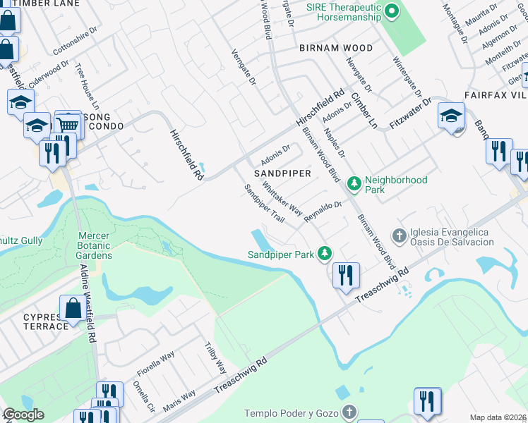 map of restaurants, bars, coffee shops, grocery stores, and more near 23219 Sandpiper Trail in Spring