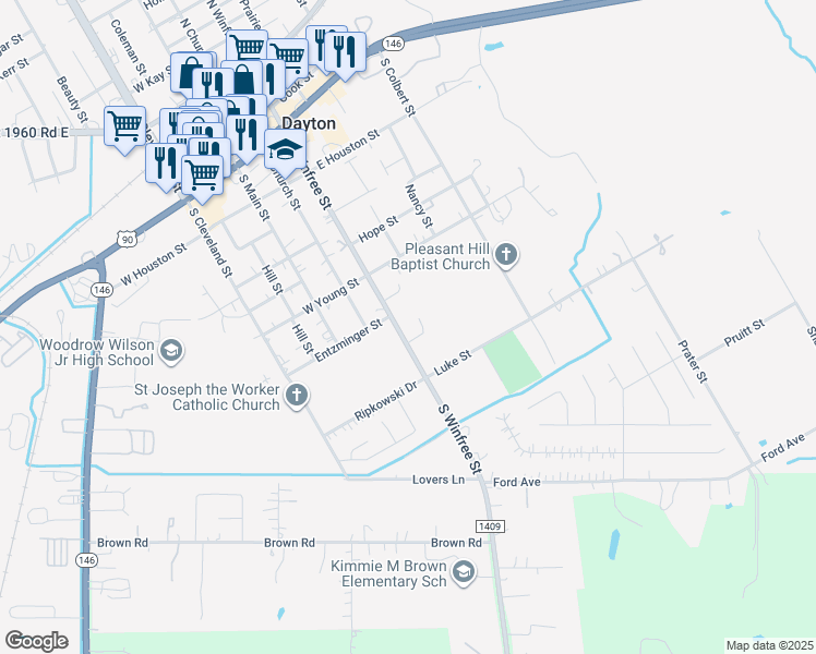 map of restaurants, bars, coffee shops, grocery stores, and more near 704 South Winfree Street in Dayton