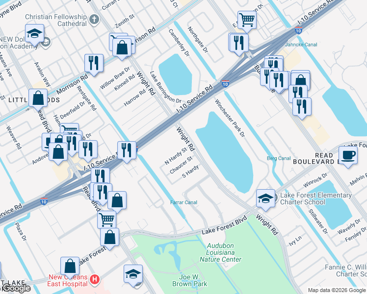 map of restaurants, bars, coffee shops, grocery stores, and more near 11019 Chaucer Street in New Orleans