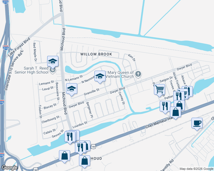 map of restaurants, bars, coffee shops, grocery stores, and more near 13701 Dwyer Boulevard in New Orleans