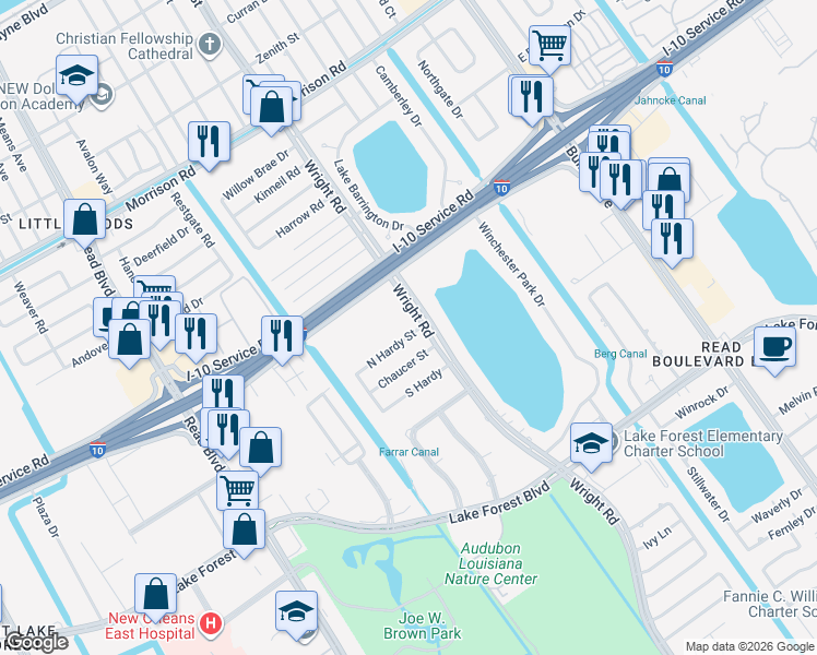 map of restaurants, bars, coffee shops, grocery stores, and more near 11019 Chaucer Street in New Orleans