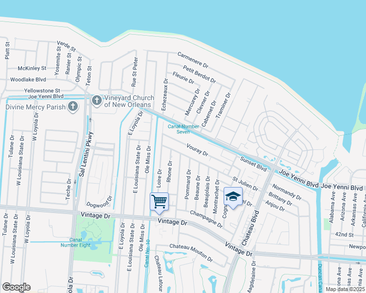 map of restaurants, bars, coffee shops, grocery stores, and more near 4249 Bordeaux Drive in Kenner