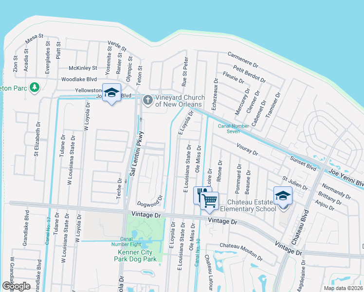 map of restaurants, bars, coffee shops, grocery stores, and more near 4145 East Loyola Drive in Kenner