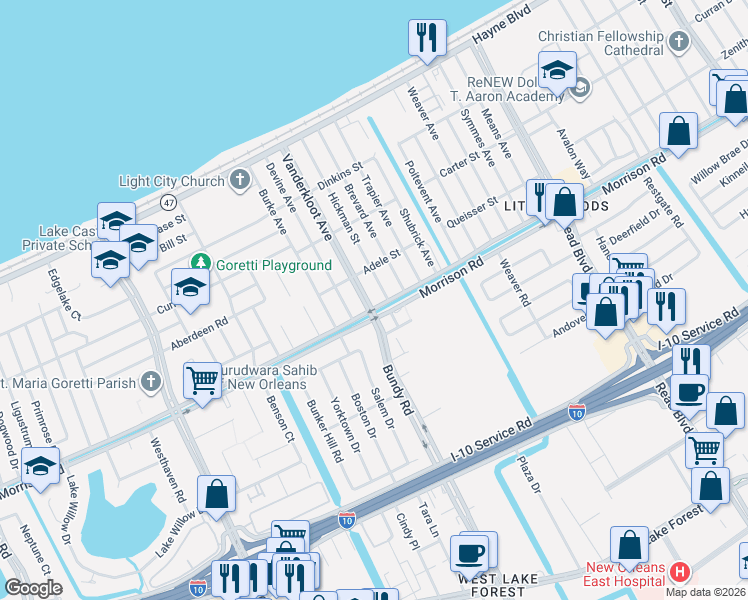 map of restaurants, bars, coffee shops, grocery stores, and more near in New Orleans