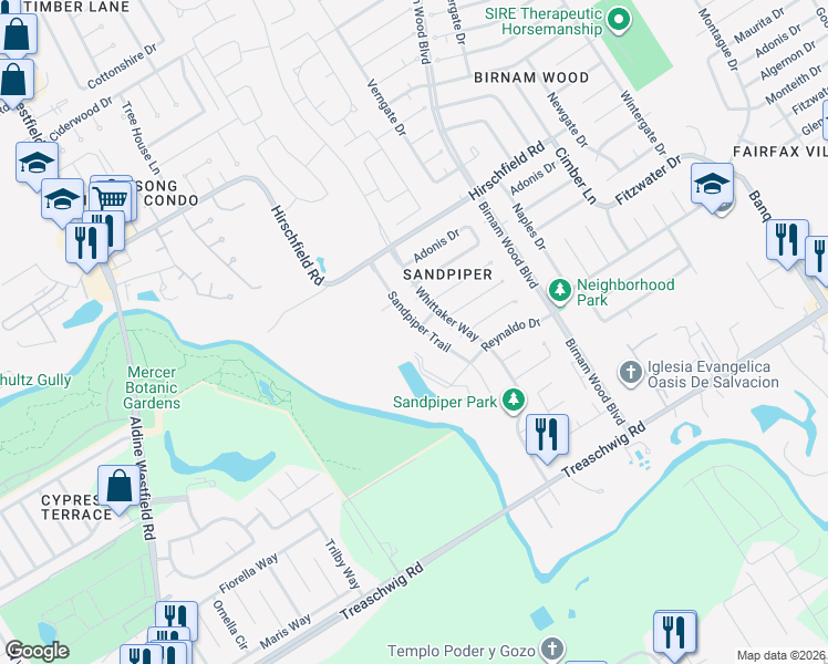 map of restaurants, bars, coffee shops, grocery stores, and more near 23219 Sandpiper Trail in Spring