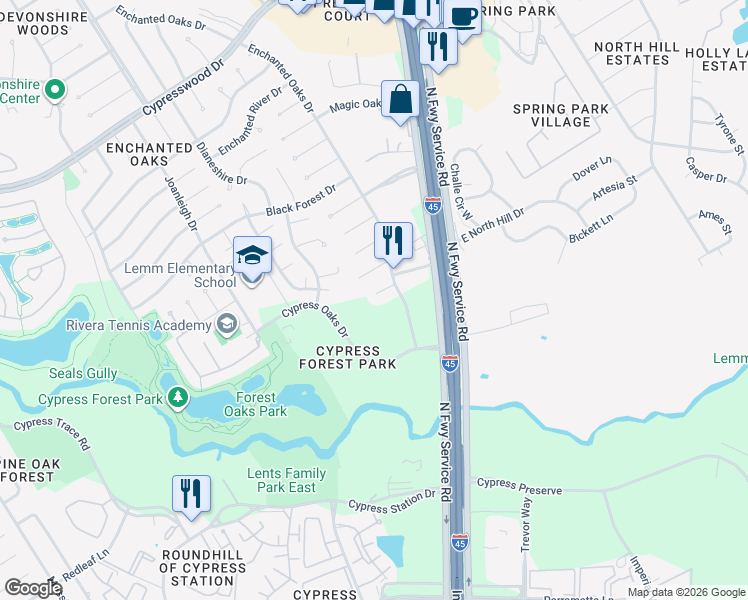 map of restaurants, bars, coffee shops, grocery stores, and more near 219 West North Hill Drive in Spring