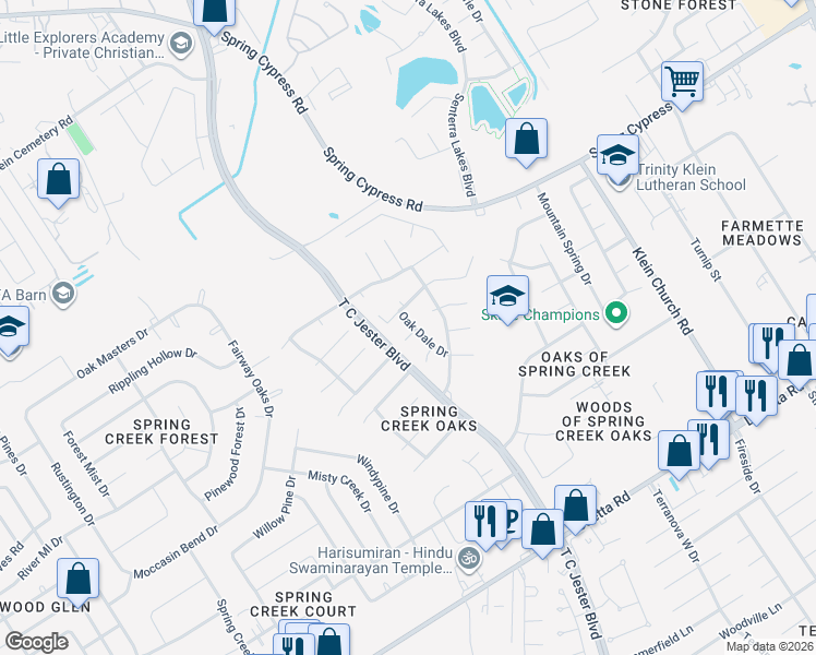 map of restaurants, bars, coffee shops, grocery stores, and more near 17305 Desert Oak Court in Spring