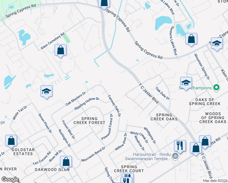 map of restaurants, bars, coffee shops, grocery stores, and more near 17702 Fairway Oaks Drive in Spring