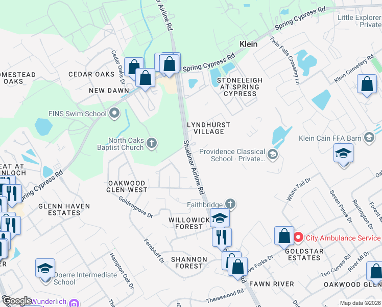 map of restaurants, bars, coffee shops, grocery stores, and more near Creekfield Drive in Spring